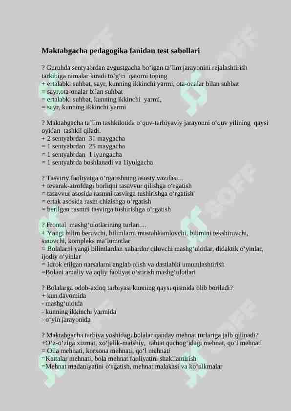 Maktabgacha Pedagogika fanidan test savollari va javoblarijv