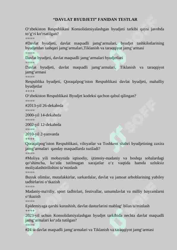 Davlat Byudjetidan Test savollari javobi bilan 300ta
