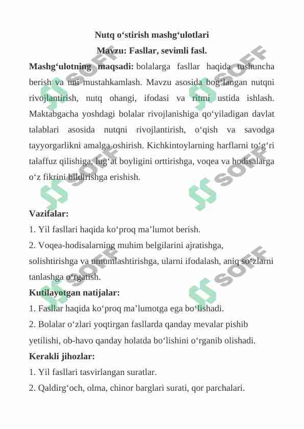 Fasllar, sevimli fasl. Mashg'ulot ishlanmasi