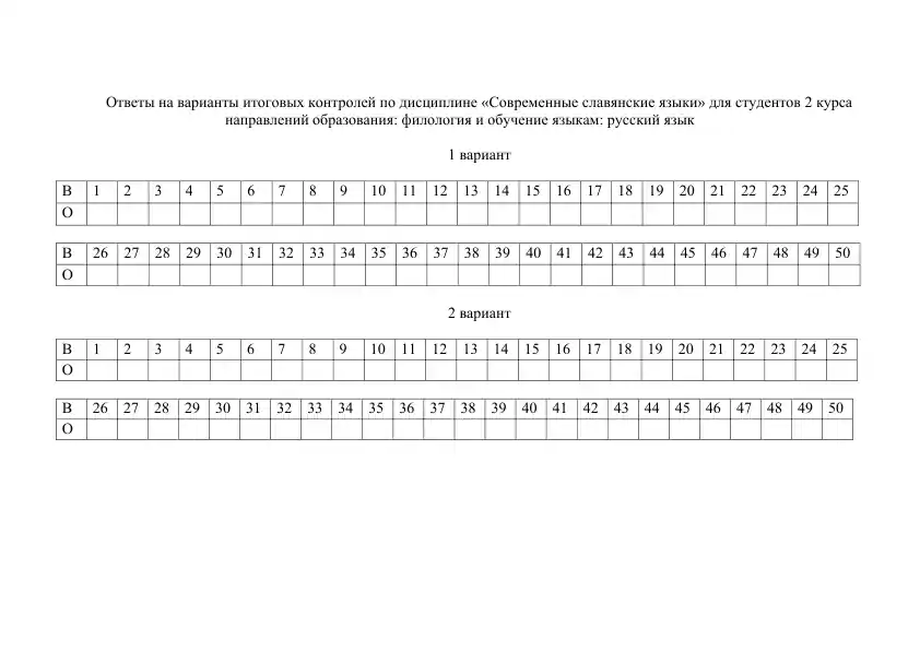 Ответы на варианты итоговых контролей по дисциплине «Современные славянские языки» для студентов 2 курса направлений образования: филология и обучение языкам: русский язык