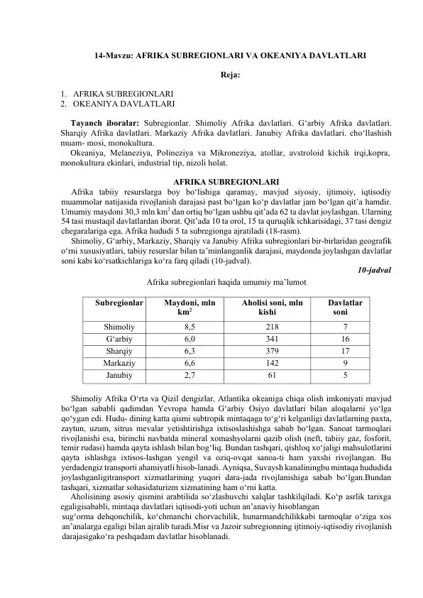 AFRIKA SUBREGIONLARI VA OKEANIYA DAVLATLARI