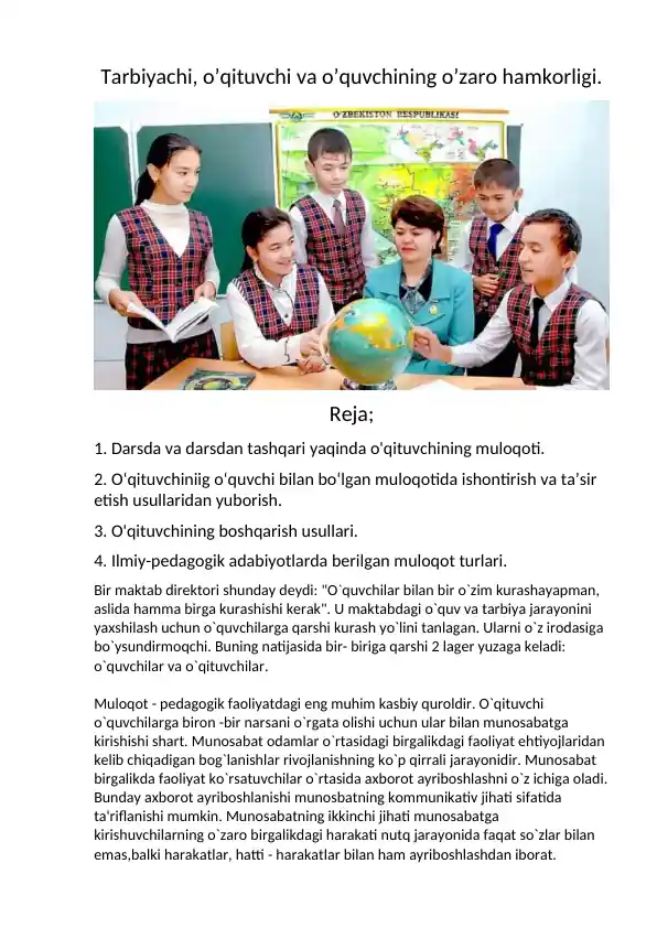 Tarbiyachi, o’qituvchi va o’quvchining o’zaro hamkorligi