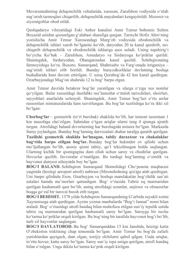 Amir Temur davrining dehqonchilik vohalari