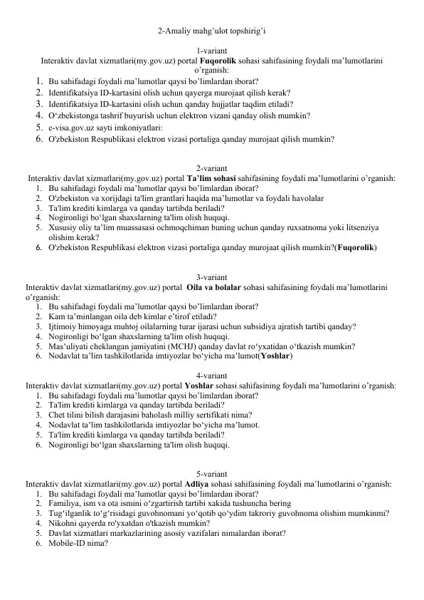 Interaktiv davlat xizmatlari(my.gov.uz) portal Ta’lim sohasi sahifasining foydali ma’lumotlarini o’rganish