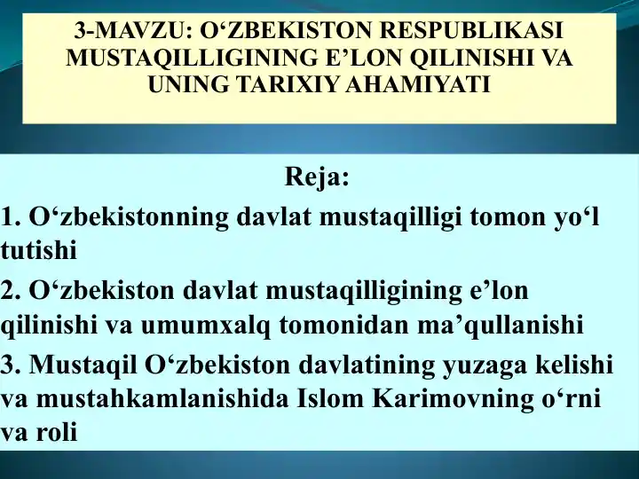 ZBEKISTON RESPUBLIKASI MUSTAQILLIGINING E LON QILINISHI VA UNING zbekiston-respublikasi-mustaqilligining-e-lon-qilinishi-va-uning