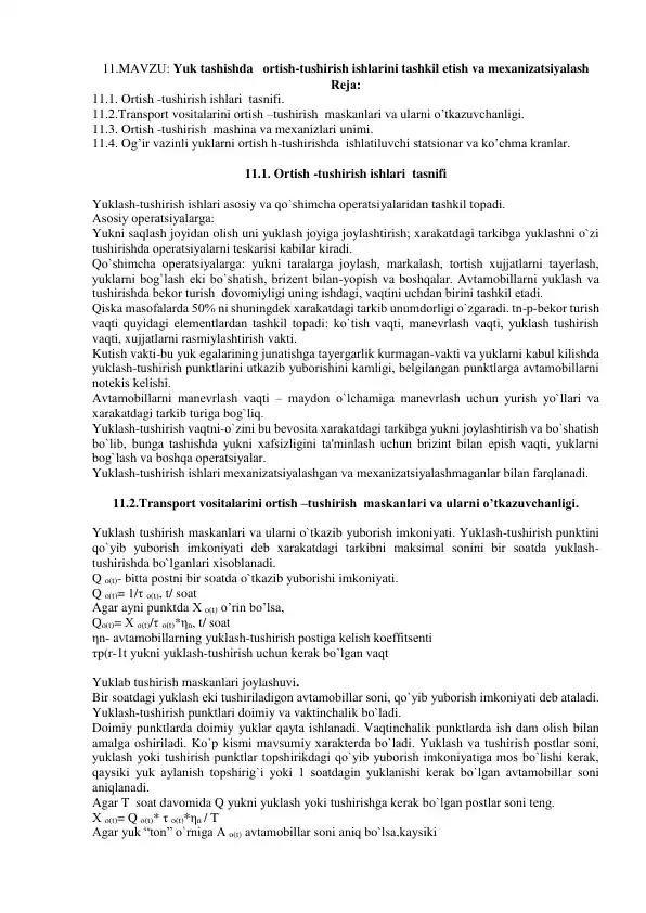 Yuk tashishda ortish-tushirish ishlarini tashkil etish va mexanizatsiyalash