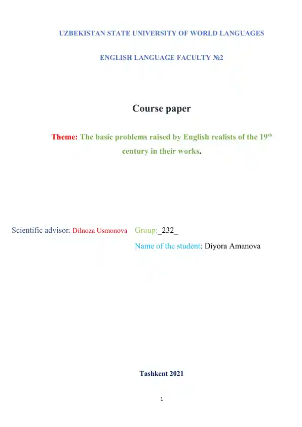 Course paper on the basic problems raised by English realists of the 19th century in their works
