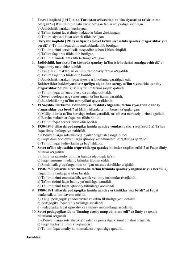 Fevral inqilobi (1917) va Oktyabr inqilobi (1917) natijasida Sovet ta’lim siyosati