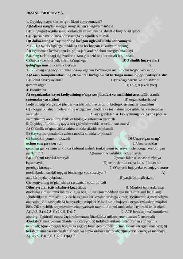 10-sinf biologiya mavzulashtirilgan testlar