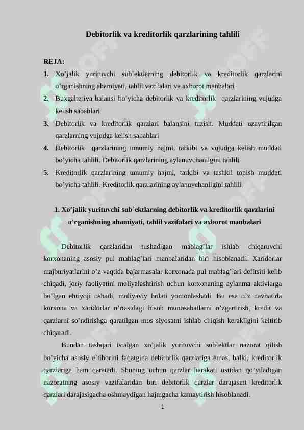 Debitоrlik va kreditоrlik qarzlarining tahlili