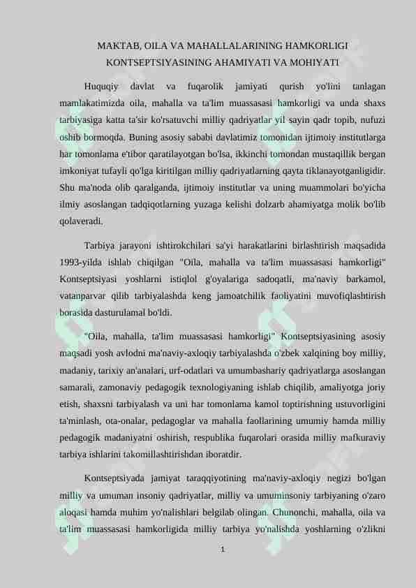 MAKTAB, OILA VA MAHALLALARINING HAMKORLIGI KONTSEPTSIYASINING AHAMIYATI VA MOHIYATI