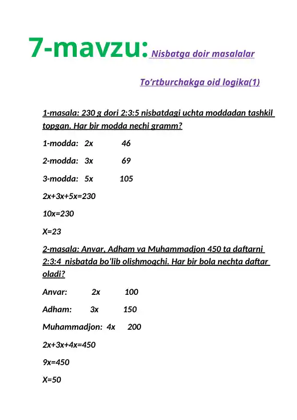 taqdimotlar-matematika-nisbatga-doir-masalalar-va-tortburchakga-oid-logika
