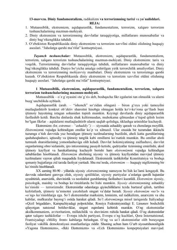 Diniy fundamentalizm, radikalizm va terrorizmning tarixi va yo`nalishlari