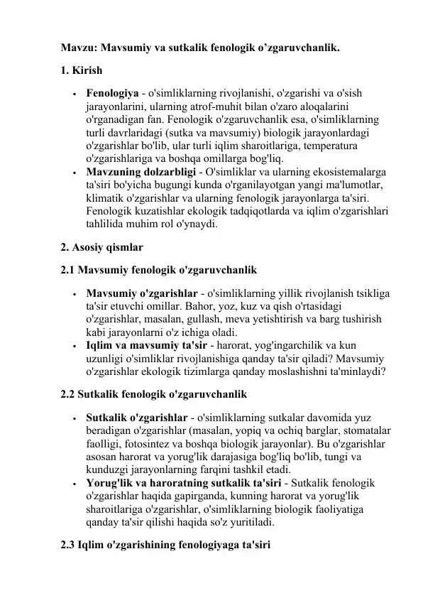 Mavsumiy va sutkalik fenologik o’zgaruvchanlik