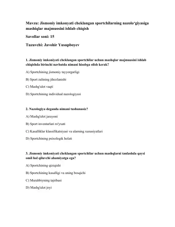 Jismoniy imkonyati cheklangan sportchilar uchun mashqlar majmuasi