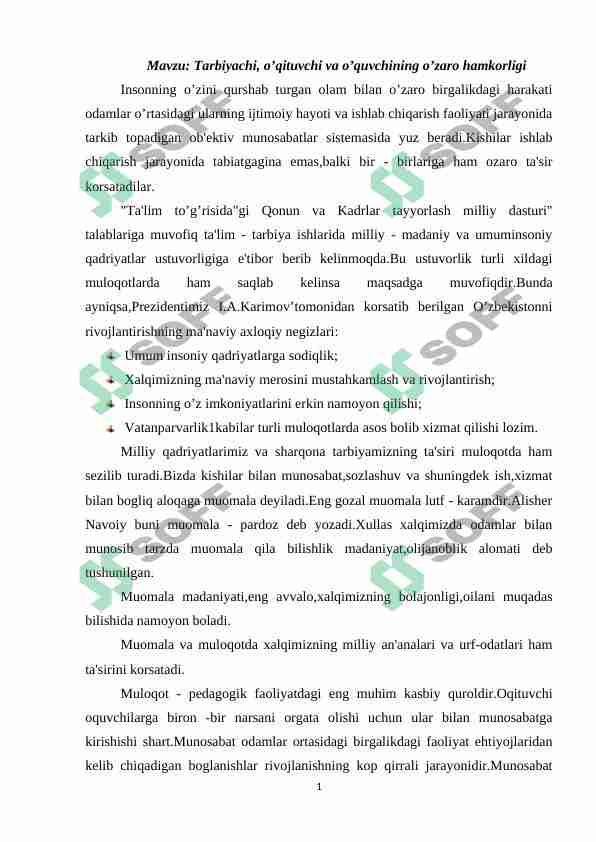 Tarbiyachi, o’qituvchi va o’quvchining o’zaro hamkorligi