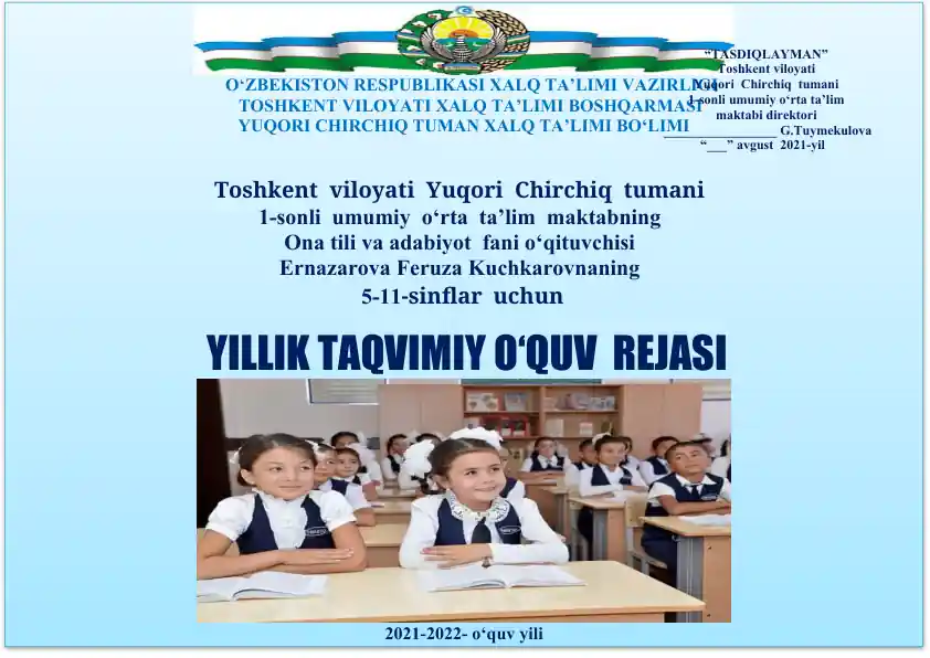 YILLIK TAQVIMIY O‘QUV REJASI