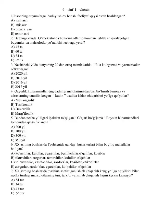 Hunarmandlar ishlab chiqarayotgan buyumlar va mahsulotlar