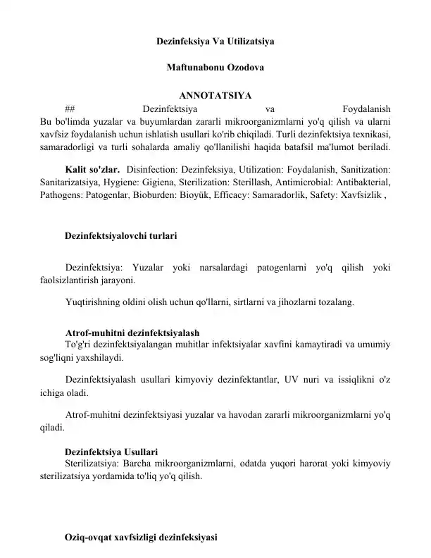 Dezinfektsiya Va Utilizatsiya