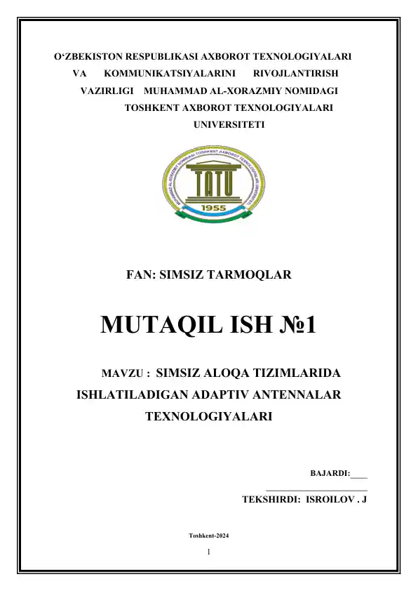 SIMSIZ ALOQA TIZIMLARIDA ISHLATILADIGAN ADAPTIV ANTENNALAR TEXNOLOGIYALARI