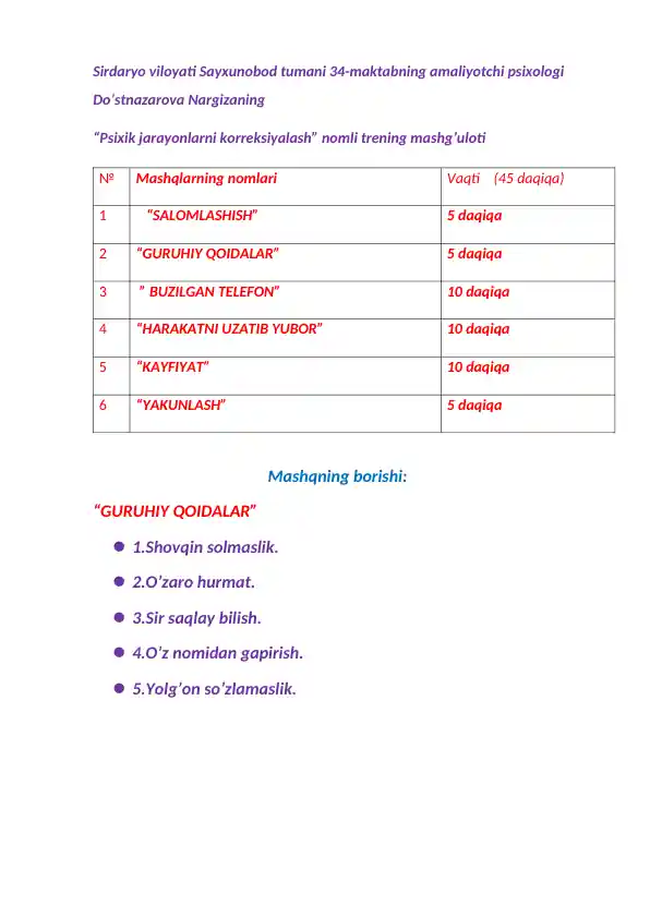 Psixik jarayonlarni korreksiyalash trening mashg'uloti