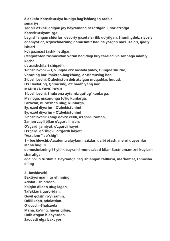 8-dekabr Konstitutsiya kuniga bag’ishlangan tadbir senariysi