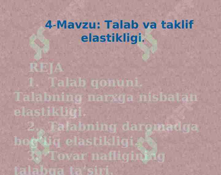 Talab Stak Talab va taklif elastikligi.