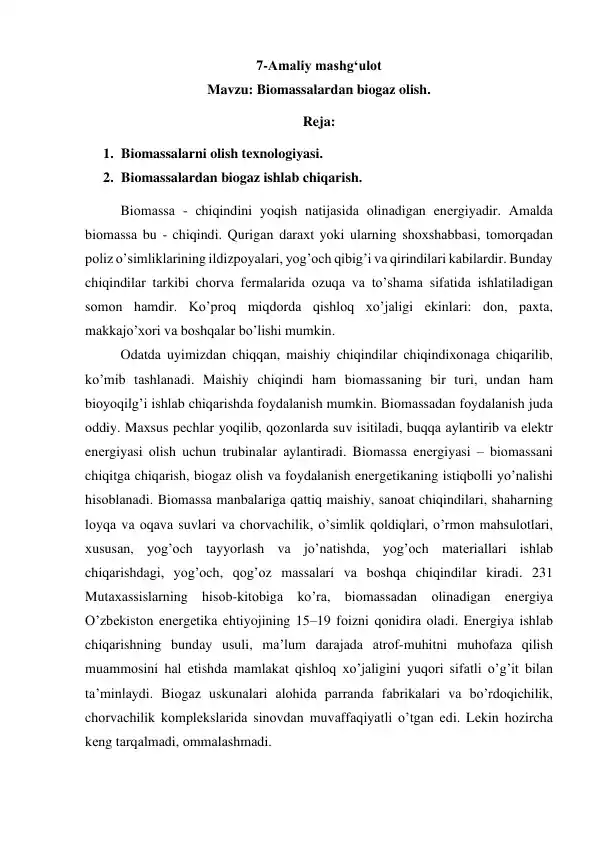 Biomassalardan biogaz olish