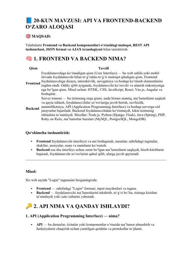 API VA FRONTEND-BACKEND O‘ZARO ALOQASI