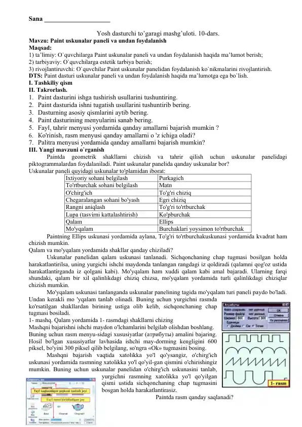 Paint uskunalar paneli va undan foydalanish