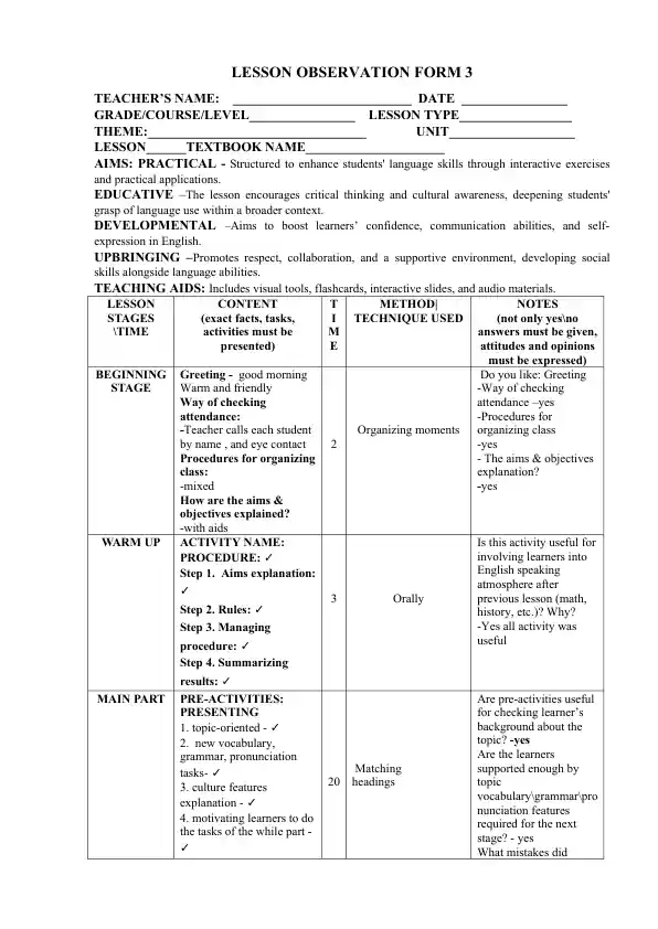 Lesson Observation Form 3