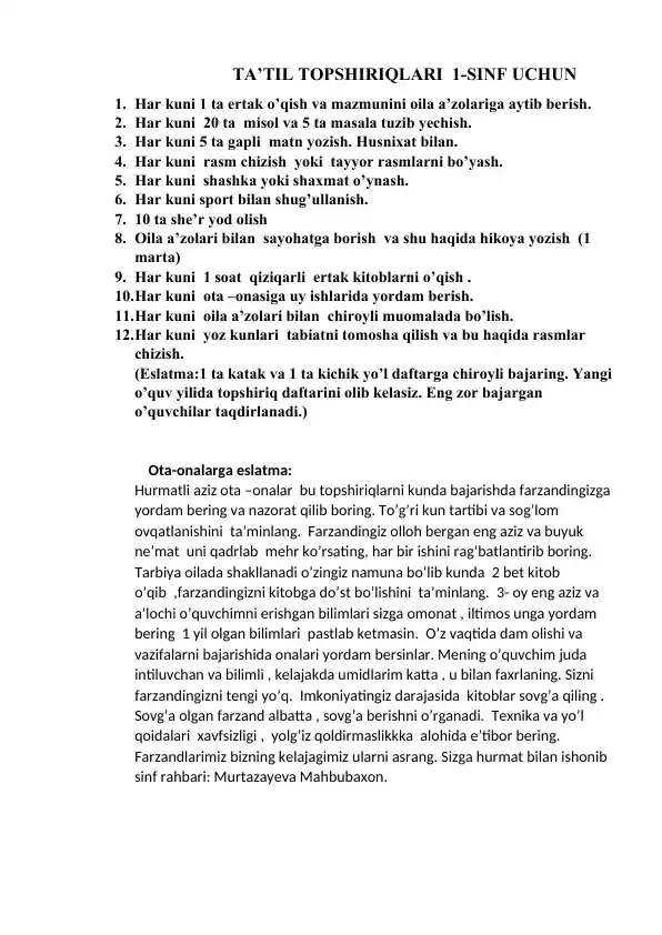 TA’TIL TOPSHIRIQLARI 1-SINF UCHUN