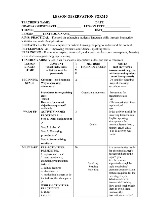 Lesson Observation Form 3