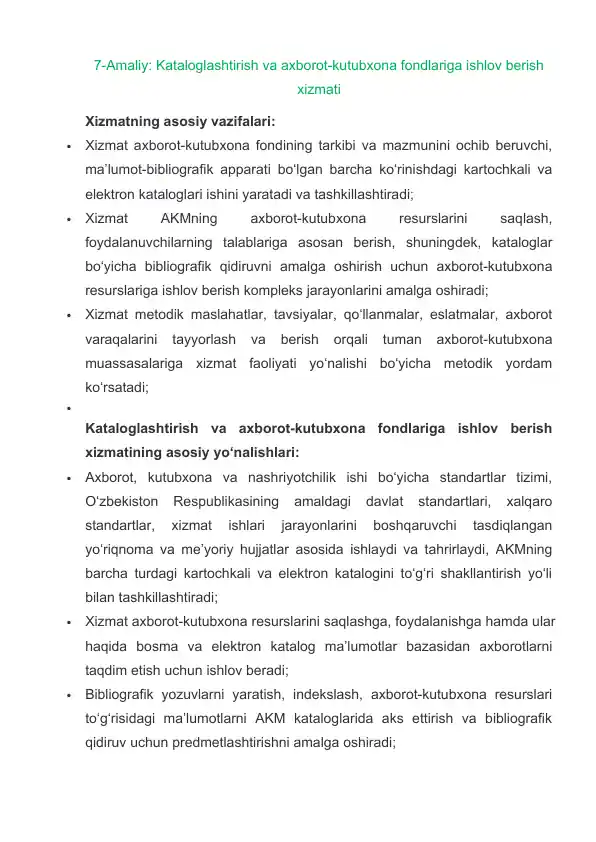 Kataloglashtirish va axborot-kutubxona fondlariga ishlov berish xizmati