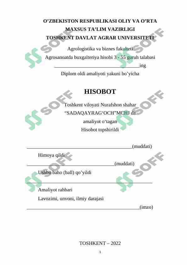 Korxona MChJ buxgalteriyasi amaliyot hisoboti