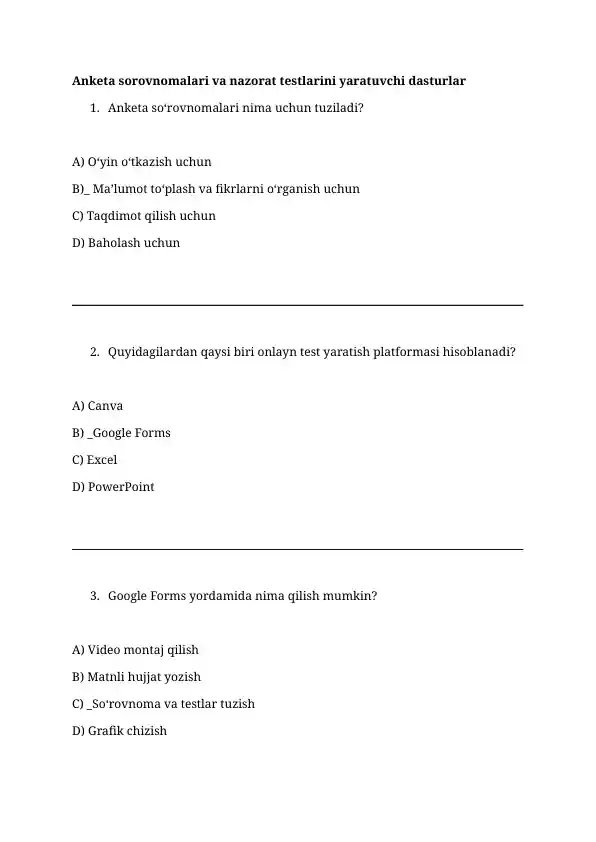 Anketa sorovnomalari va nazorat testlarini yaratuvchi dasturlar