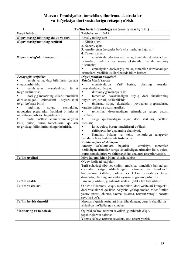 Emulsiyalar, tomchilar, tindirma, ekstraktlar va in’yeksiya dori vositalariga retsept yo`zish