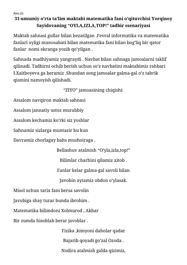 "OYLA,IZLA,TOP!" tadbir ssenariyasi