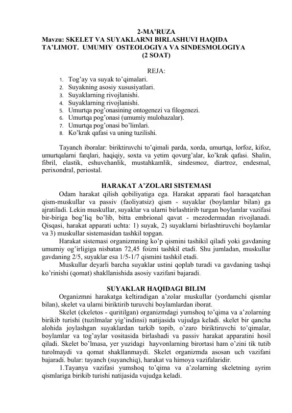 SKELET VA SUYAKLARNI BIRLASHUVI HAQIDA TA’LIMOT