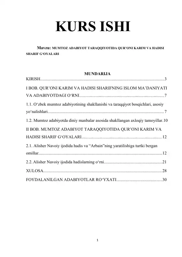 MUMTOZ ADABIYOT TARAQQIYOTIDA QUR’ONI KARIM VA HADISI SHARIF G‘OYALARI
