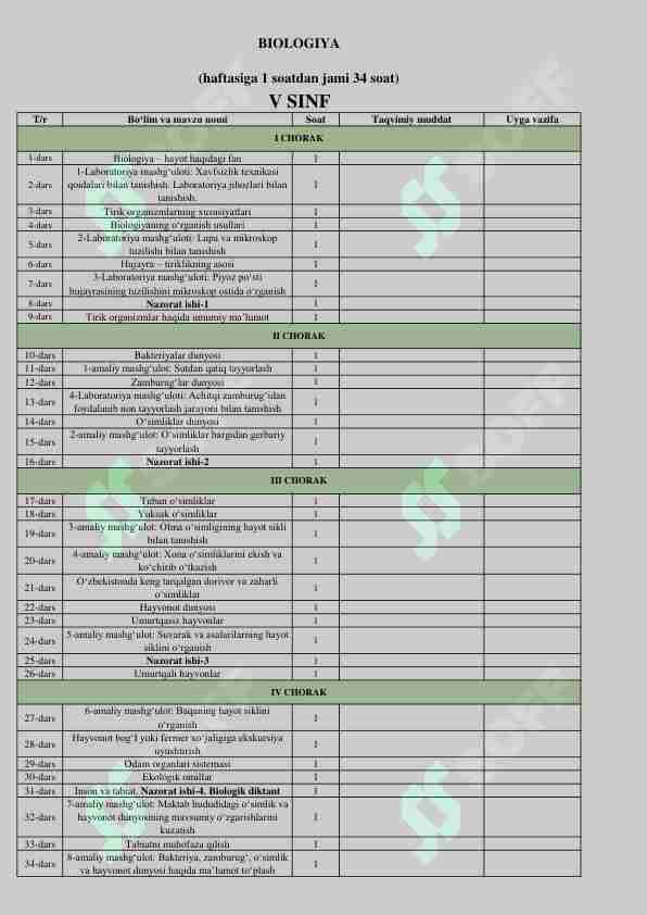 5-sinf taqvimiy reja