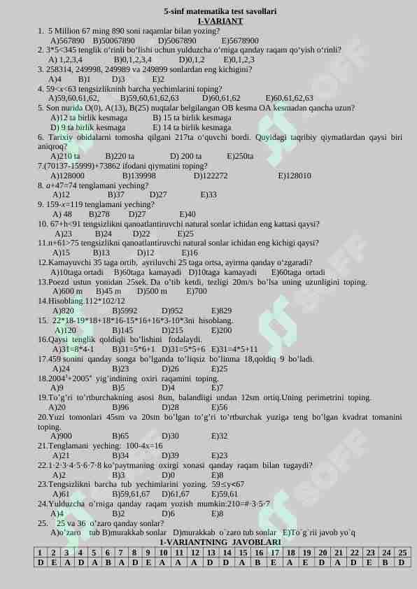 5-sinf matematikadan testlar