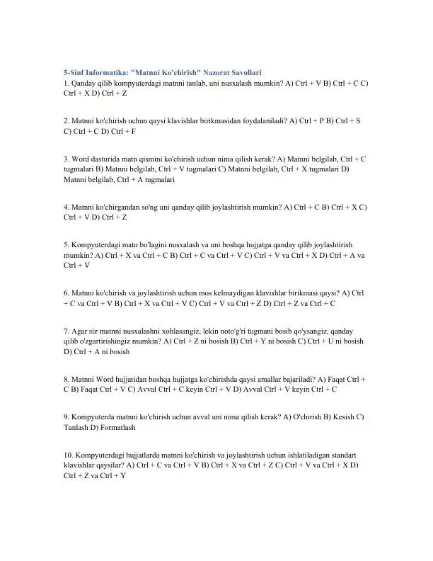 5-Sinf Informatika: "Matnni Ko'chirish" Nazorat Savollari