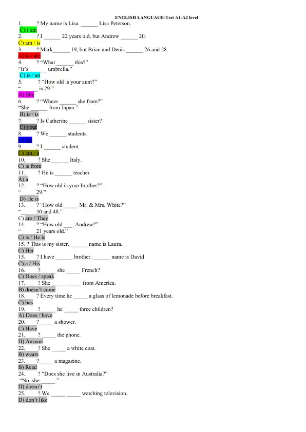 ENGLISH LANGUAGE-Test A1-A2 level