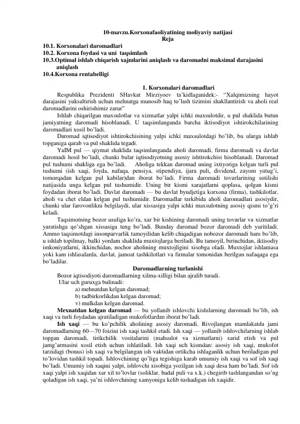 Korxonafaoliyatining moliyaviy natijasi