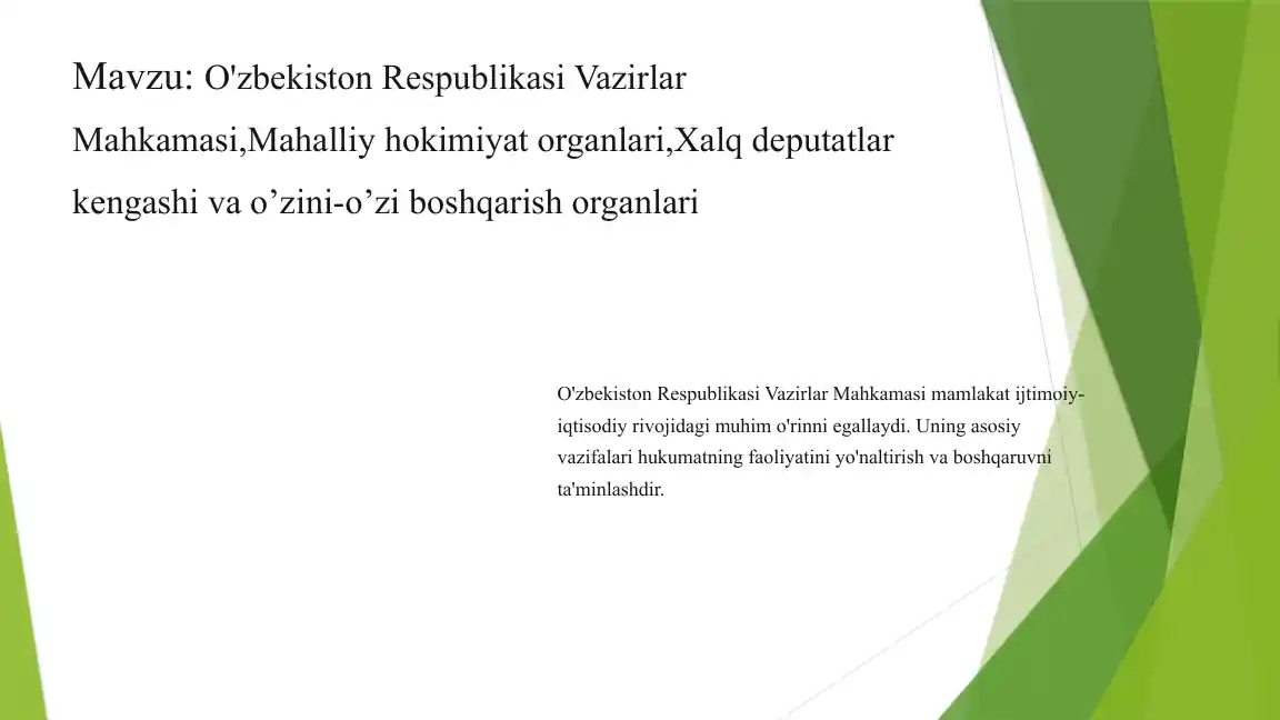 O'zbekiston Respublikasi Vazirlar Mahkamasi,Mahalliy hokimiyat organlari,Xalq deputatlar  kengashi va o’zini-o’zi boshqarish organlari