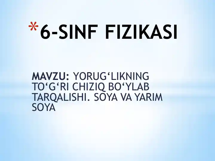 Yorug‘likning to‘g‘ri chiziq bo‘ylab tarqalishi. Soya va yarim soya