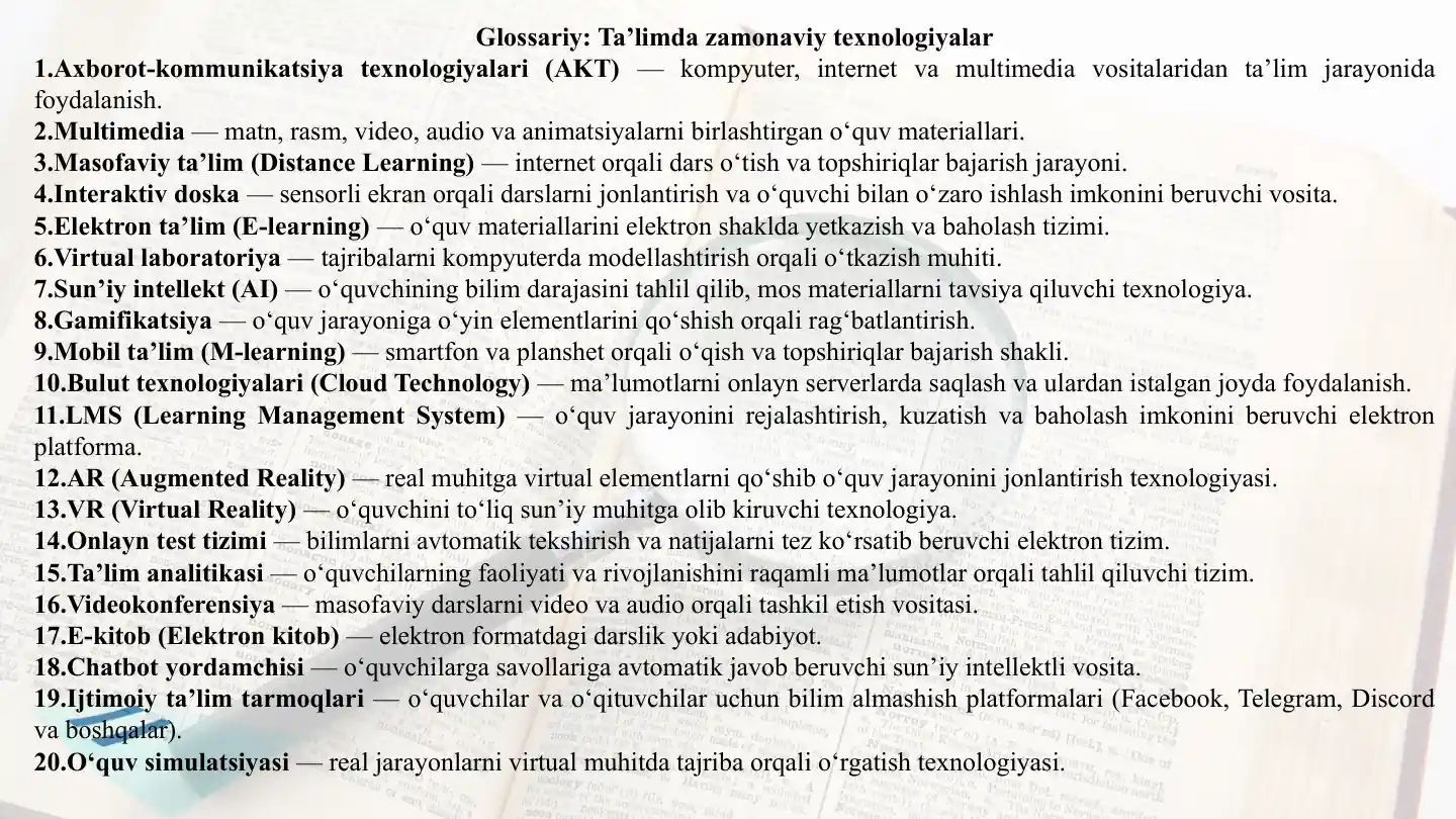Glossariy: Ta’limda zamonaviy texnologiyalar