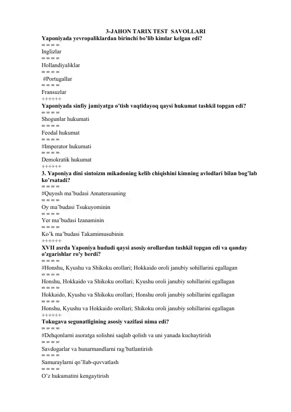3-JAHON TARIX TEST SAVOLLARI