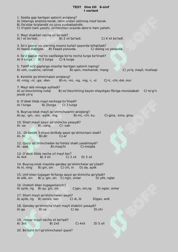 6-sinf ona tili adabiyotdan test